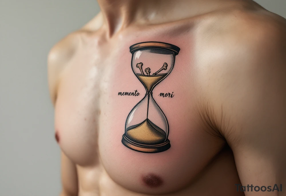 A minimalist hourglass in muted brown and beige, with bones replacing the sand and "memento mori" in fine black cursive. tattoo idea
