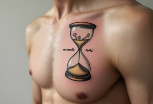 A minimalist hourglass in muted brown and beige, with bones replacing the sand and "memento mori" in fine black cursive. tattoo idea