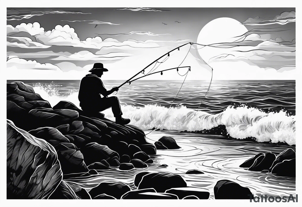 man fishing on a rocky beach silhouette tattoo idea