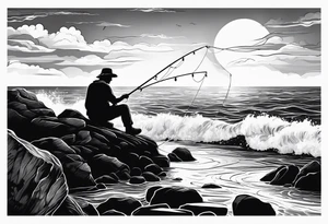 man fishing on a rocky beach silhouette tattoo idea