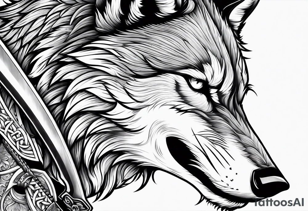 wolf head with katana in mouth tattoo idea