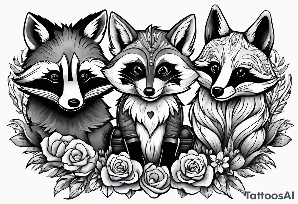 Raccoon and fox stuffed animals playing together tattoo idea