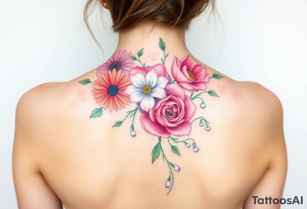 Small Bouquet of flowers starting upper middle back with long stems down spine with a aster, carnation, rose, Lily of the valley, larkspur with stems Starting upper middle back to right shoulder tattoo idea