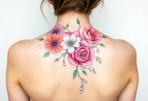 Small Bouquet of flowers starting upper middle back with long stems down spine with a aster, carnation, rose, Lily of the valley, larkspur with stems Starting upper middle back to right shoulder tattoo idea