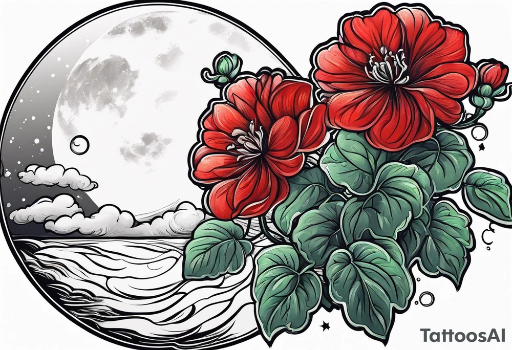 Rain cloud and moon with red geraniums tattoo idea