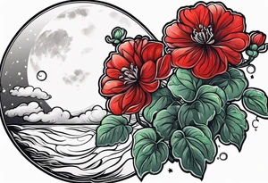Rain cloud and moon with red geraniums tattoo idea