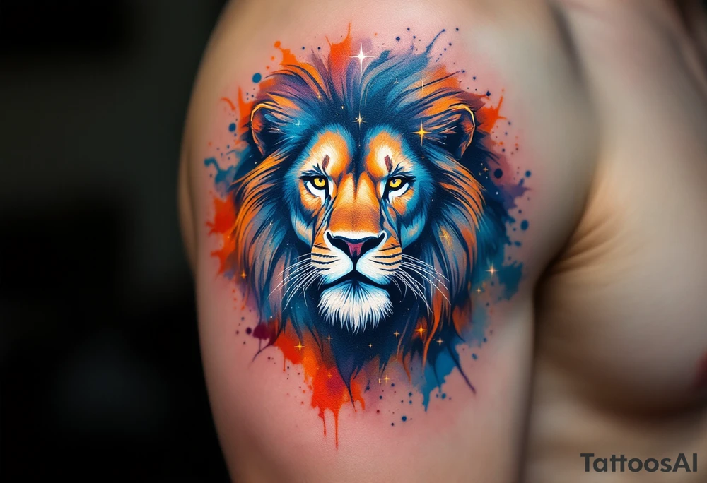 A fierce lion outlined in stardust white roams across a watercolor canvas of midnight blues and fiery oranges with bold Lion star constellation tattoo idea