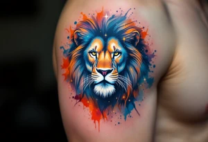 A fierce lion outlined in stardust white roams across a watercolor canvas of midnight blues and fiery oranges with bold Lion star constellation tattoo idea