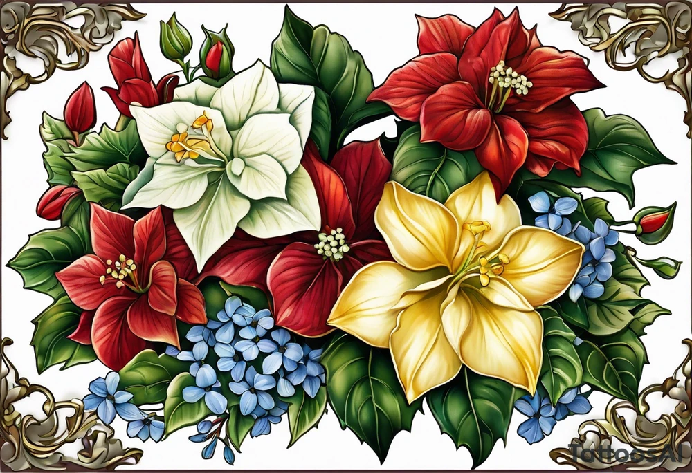 Hydrangea, Narcissus, Poinsettia, Holly, Gladiolus, Poppy, Daisy, Sweet Pea floral tattoo idea