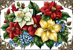 Hydrangea, Narcissus, Poinsettia, Holly, Gladiolus, Poppy, Daisy, Sweet Pea floral tattoo idea