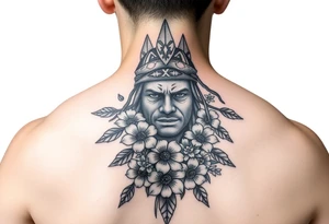 powerful shaman with flowers and spears from Nunavut and representing pain, anger love and healing for front of neck tattoo idea