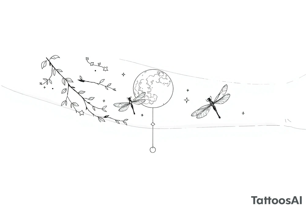 arm, background that contains, vines, dragonflies, stars, celestial moon tattoo idea