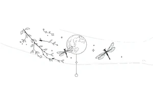 arm, background that contains, vines, dragonflies, stars, celestial moon tattoo idea