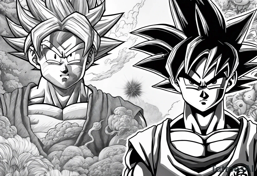 Son-Goku as a child in the foreground and an older version of him as a super saiyajin behind him. A huge dragonball surrounds the whole scenery. Fokus friends are surrounding him as shadows tattoo idea