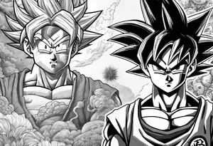 Son-Goku as a child in the foreground and an older version of him as a super saiyajin behind him. A huge dragonball surrounds the whole scenery. Fokus friends are surrounding him as shadows tattoo idea