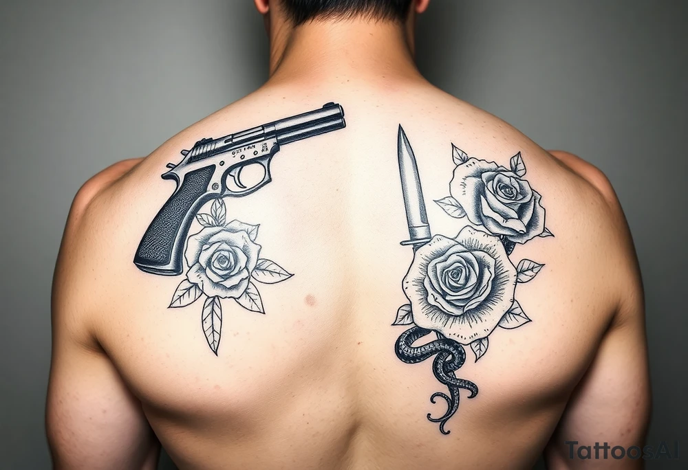 9mm gun. Knife. Snake. Roses tattoo idea