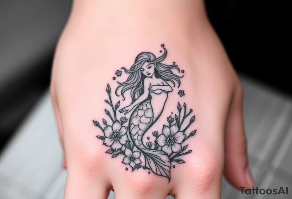 ethereal mermaid with flowing hair among coral and sea flowers tattoo idea