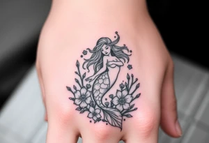 ethereal mermaid with flowing hair among coral and sea flowers tattoo idea