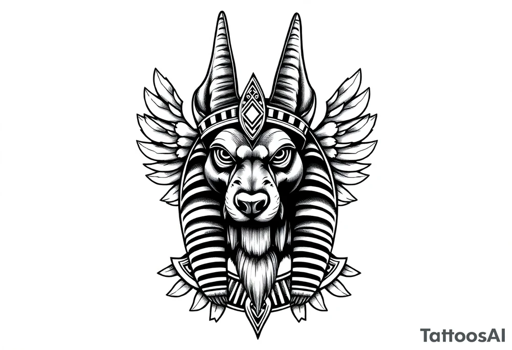 Egyptian Anubis god face muscle in Egypt style  with mantle on head

dog face surrounded Egyptian symbols based on elements tattoo idea