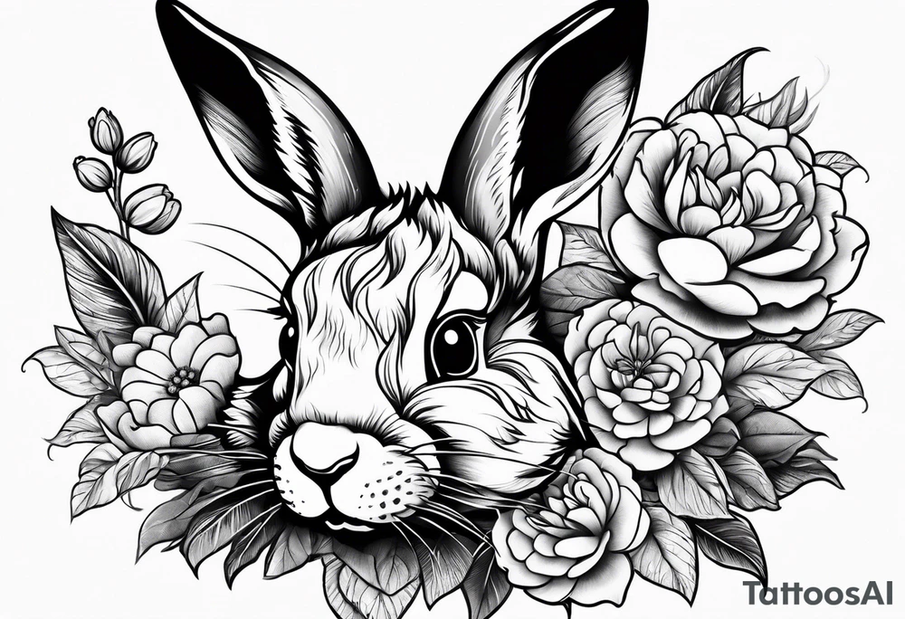Rabbit head and flowers tattoo idea