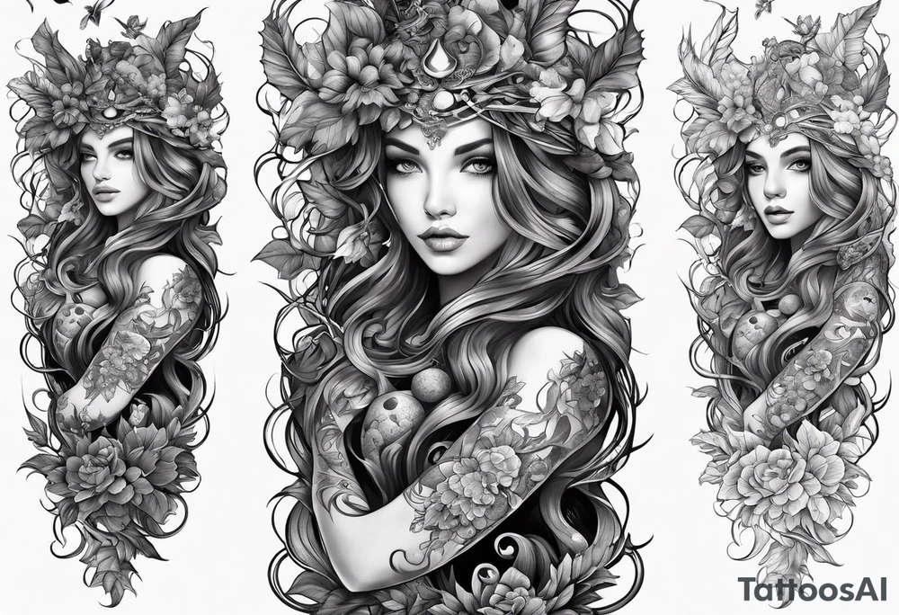 vine wrapping around arm in sleeve style with mystical creatures in between tattoo idea