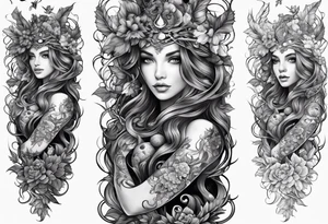 vine wrapping around arm in sleeve style with mystical creatures in between tattoo idea