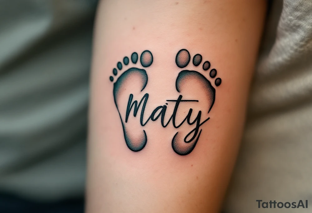 Warm, sandy beige and light green footprints of Maty name under it , with a heart-shaped outline to symbolize his love-filled steps in life. tattoo idea