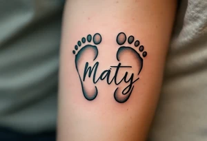 Warm, sandy beige and light green footprints of Maty name under it , with a heart-shaped outline to symbolize his love-filled steps in life. tattoo idea