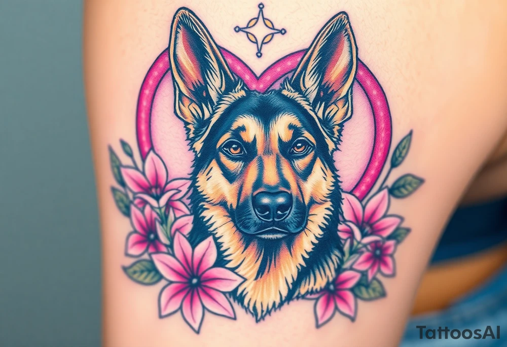 realistic german shepherd with alert ears looking protective surrounded by pink lilies with leaves in front of a sacred heart tattoo idea