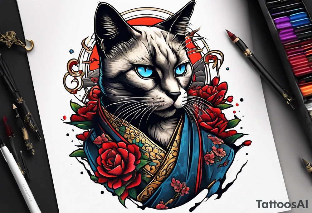 A siamese samurai cat killing a zombie tattoo idea