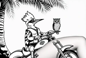 Woody the woodpecker wearing a leather vest that says peckerwoods, on a Harley Davidson under a palm tree, gazing in love at a barn owl tattoo idea
