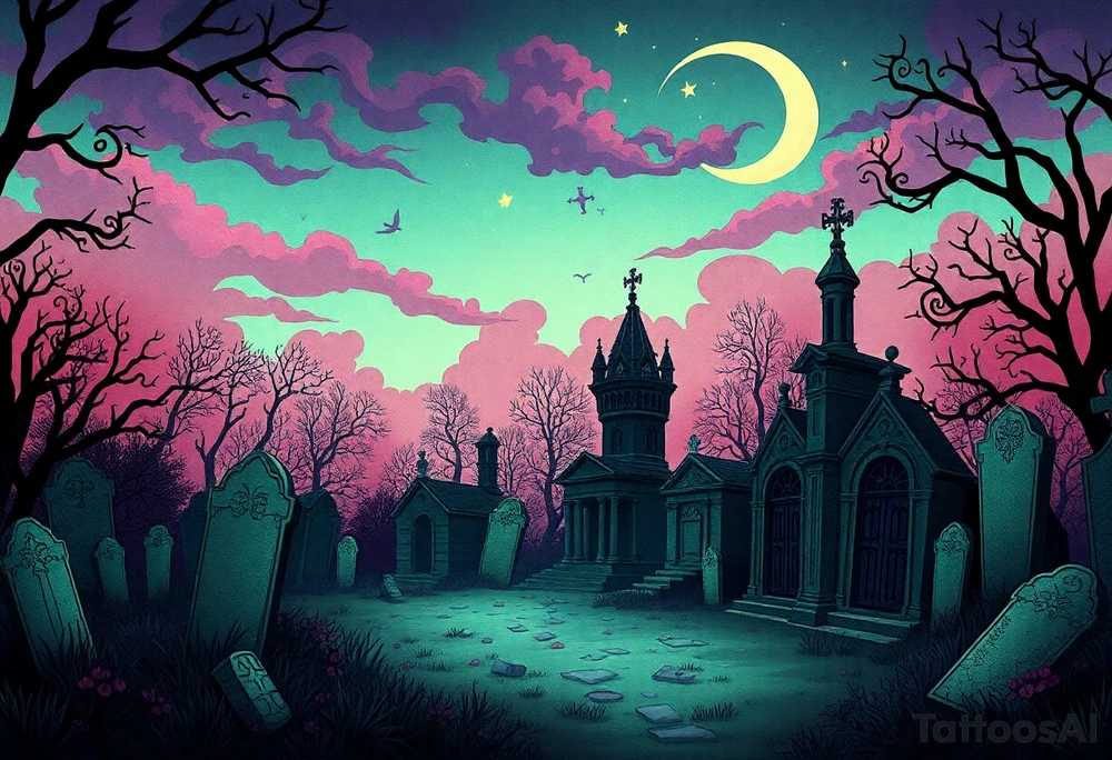 Tim Burton’s haunted victorian graveyard is abandoned and dripping with muted reds, dusty pinks, and eerie green glow.purple and cyan smokey clouds swirl in the crescent moonlit sky thats sprinkled with stars tattoo idea tattoo idea