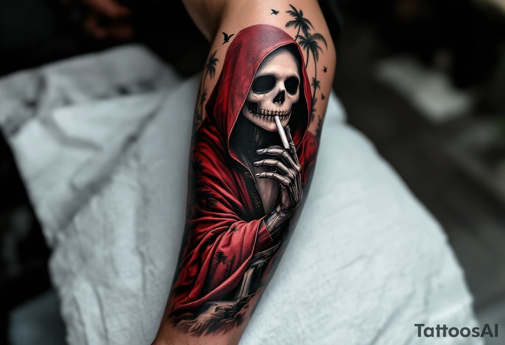jack skellington in red king robe , smoking a blunt, in nature jungle, waterfall, birds, palm trees tattoo idea