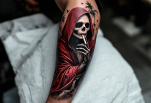 jack skellington in red king robe , smoking a blunt, in nature jungle, waterfall, birds, palm trees tattoo idea