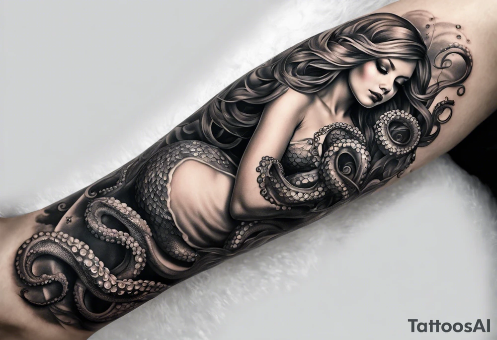Octopus looking up at a mermaid in the ocean wrap around entire bottom of lower leg. tattoo idea