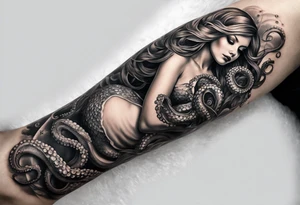 Octopus looking up at a mermaid in the ocean wrap around entire bottom of lower leg. tattoo idea