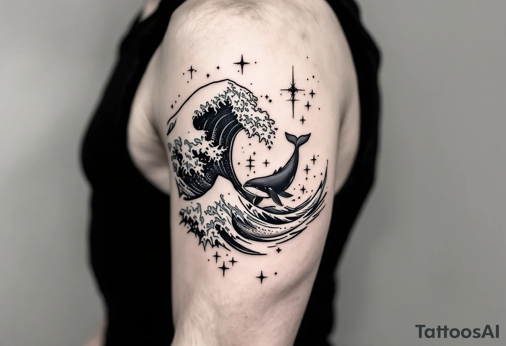 Fine line powerful ocean half sleeve with a wave, a whale and other elements with some shading tattoo idea Fine line powerful ocean half sleeve with a wave, a whale and other elements with some shading tattoo idea