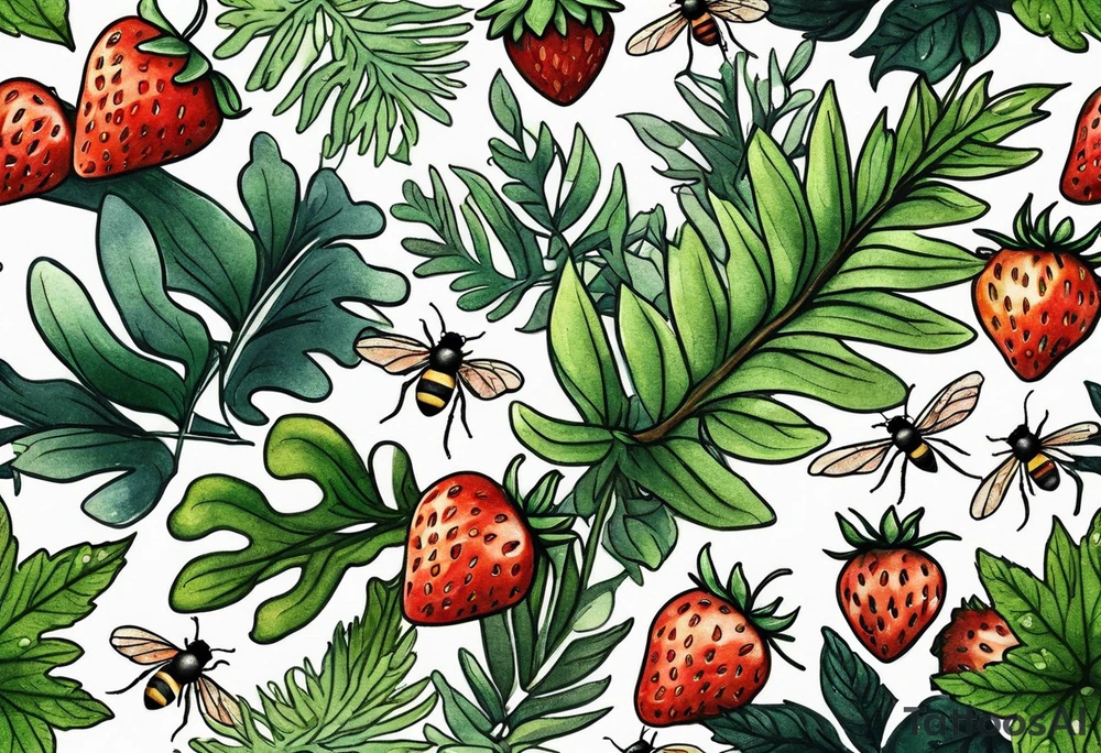 a delicate, minimalistic coloured realistic forest floor inspired tattoo, which must include: grass, ferns, small strawberries, a small flying bumblebee, dead leaves tattoo idea