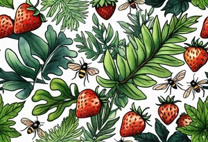 a delicate, minimalistic coloured realistic forest floor inspired tattoo, which must include: grass, ferns, small strawberries, a small flying bumblebee, dead leaves tattoo idea