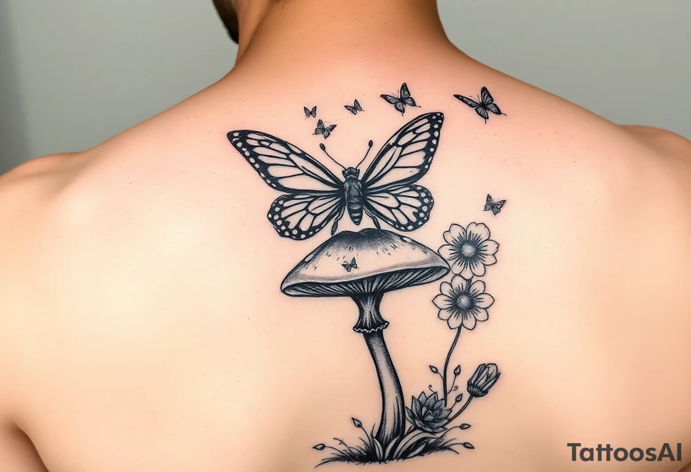 Butterfly fairy sitting on mushroom with butterflies JUSTIN at the top tattoo idea
