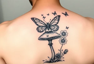 Butterfly fairy sitting on mushroom with butterflies JUSTIN at the top tattoo idea