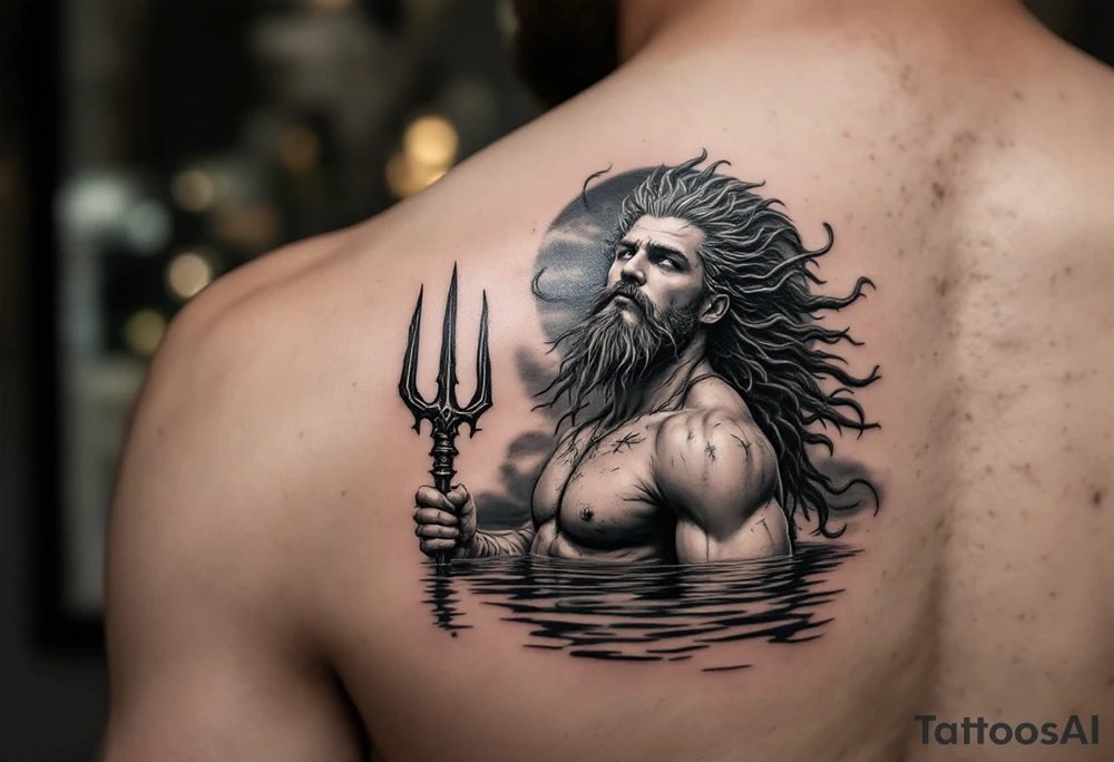 fit young poseidon, with trident, in calm water, looking at the sky tattoo idea