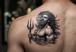 fit young poseidon, with trident, in calm water, looking at the sky tattoo idea