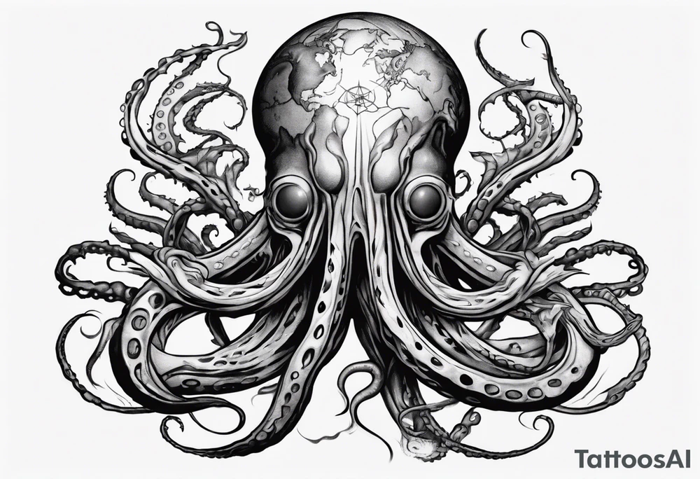 a tattoo on the theme of lovecraft, with long tentacles that embrace the earth tattoo idea