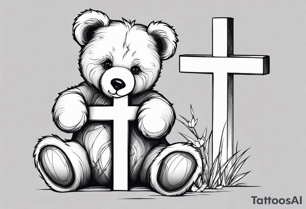 Teddy bear leaning against a cross tattoo idea