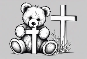 Teddy bear leaning against a cross tattoo idea