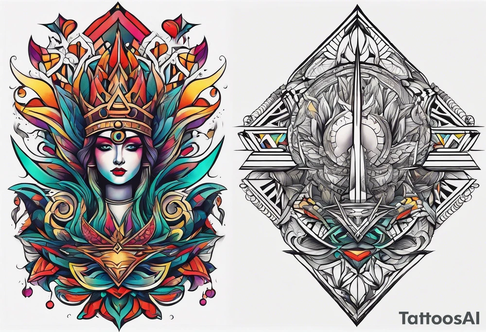 Bold geometric tapestry trident in colour on arm tattoo idea