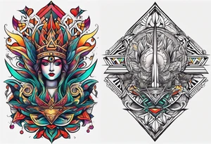 Bold geometric tapestry trident in colour on arm tattoo idea