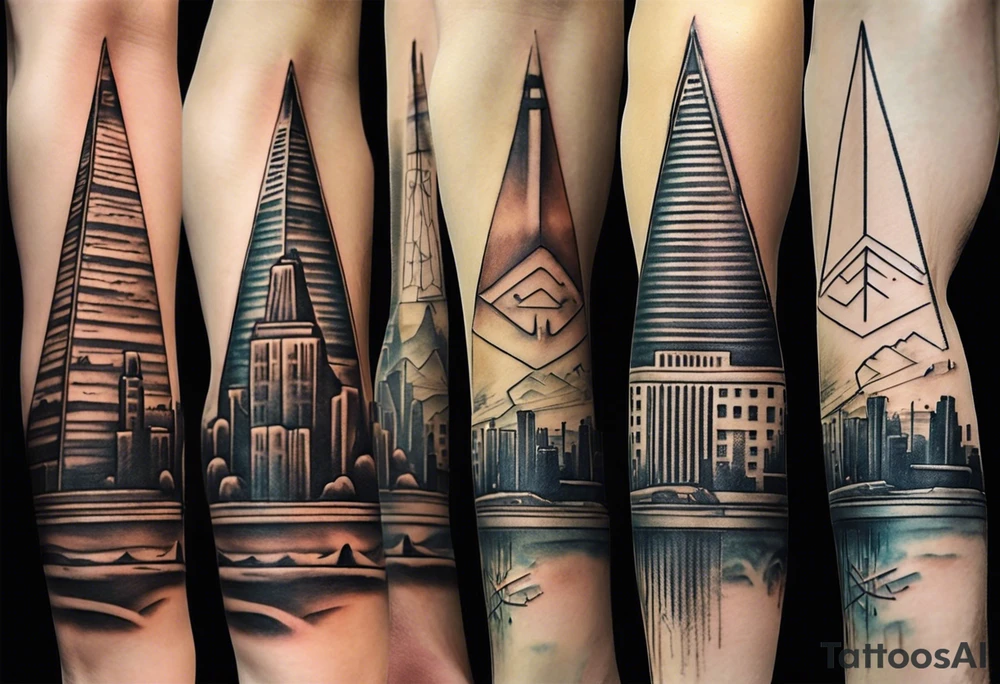 Create a visually dynamic tattoo that seamlessly blends the timeless elegance of the three Pyramids of Giza with the modern allure of the Manhattan skyline. Envision the pyramids standing majestically, perhaps incorporating subtle Egyptian motifs like hieroglyphs or an ankh, transitioning smoothly into the iconic structures of New York, such as the Empire State Building and One World Trade Center. tattoo idea