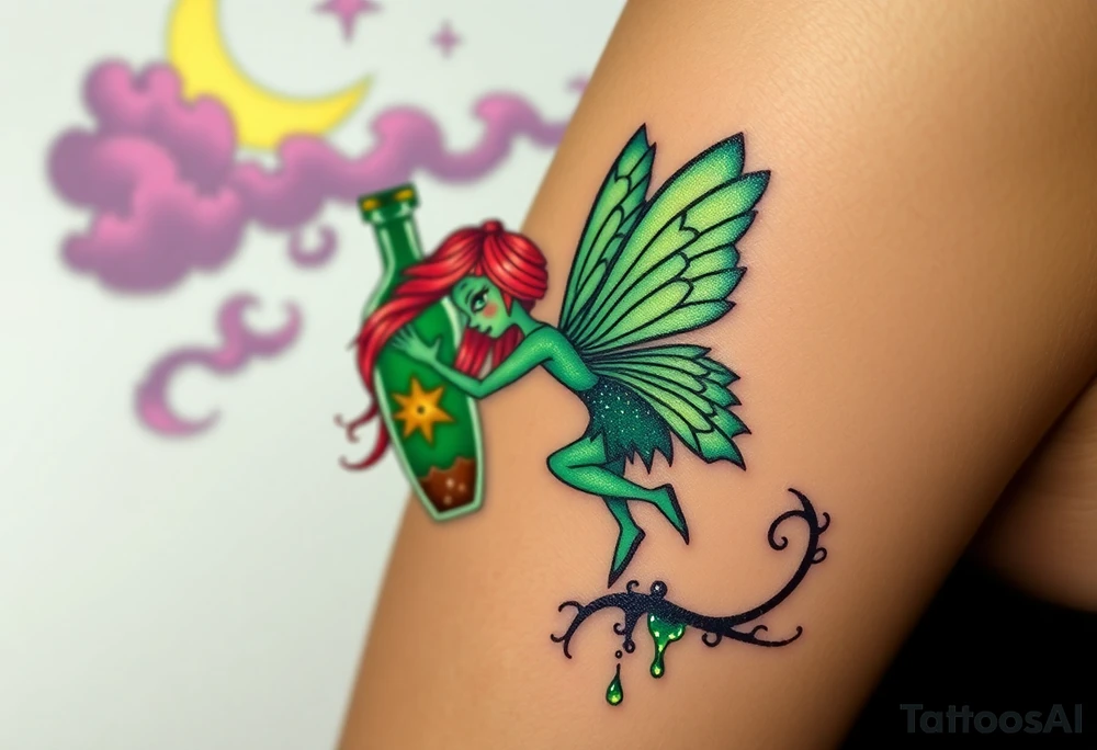 Tim Burton’s green absinthe fairy flitters outside her victorian absinthe bottle it sparkles with magic and dripping with muted reds, dusty pinks, and eerie green glow.purple and cyan smokey clouds swirl in the crescent moonlit sky thats sprinkled with stars tattoo idea tattoo idea